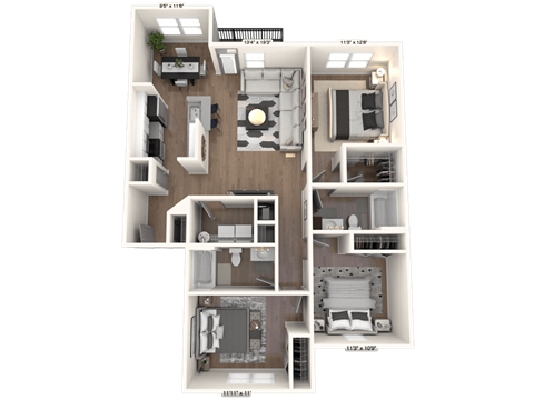 a 3d model of a 3 bedroom apartment